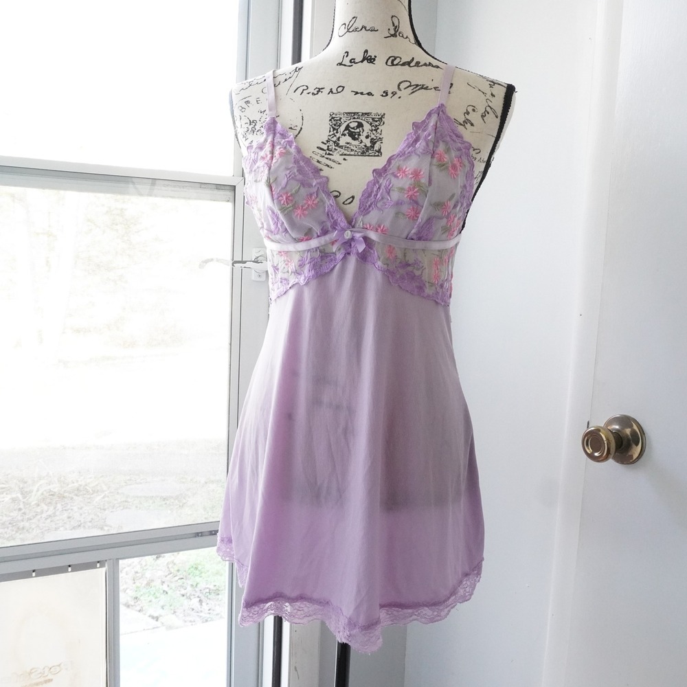 Lavender‎ Lace Floral Trim Babydoll Chemise Nightgown Women's Sexy Valentine M/L